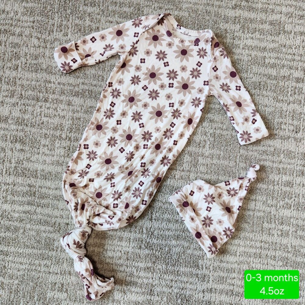 Kindred Bravely bamboo knotted baby gown hat twilight floral size 0-3 months
